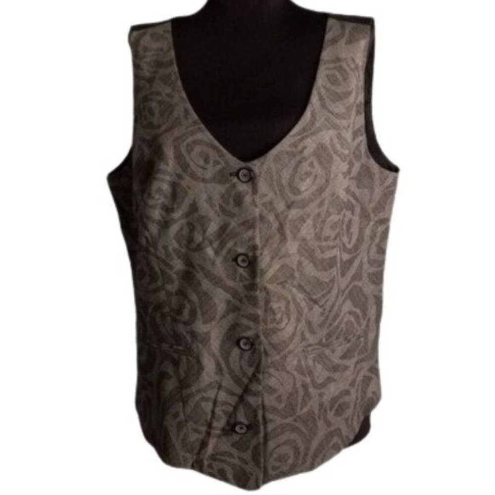 Chicos Size 2 L 12 Womens Vest Gray Floral Patterned Button Down Polyester Rayon